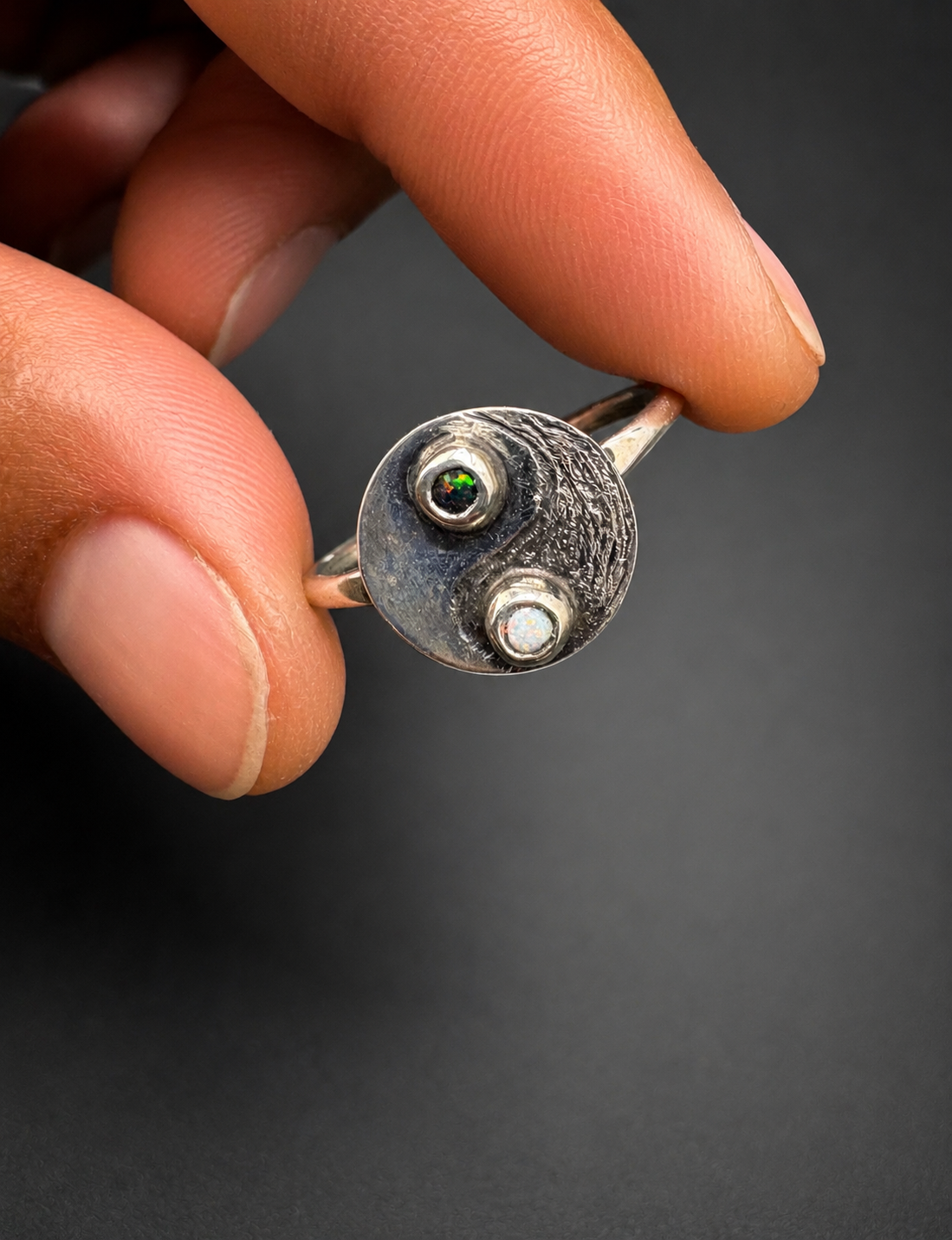 Yin and Yang Black Fire Opal Ring: S 8