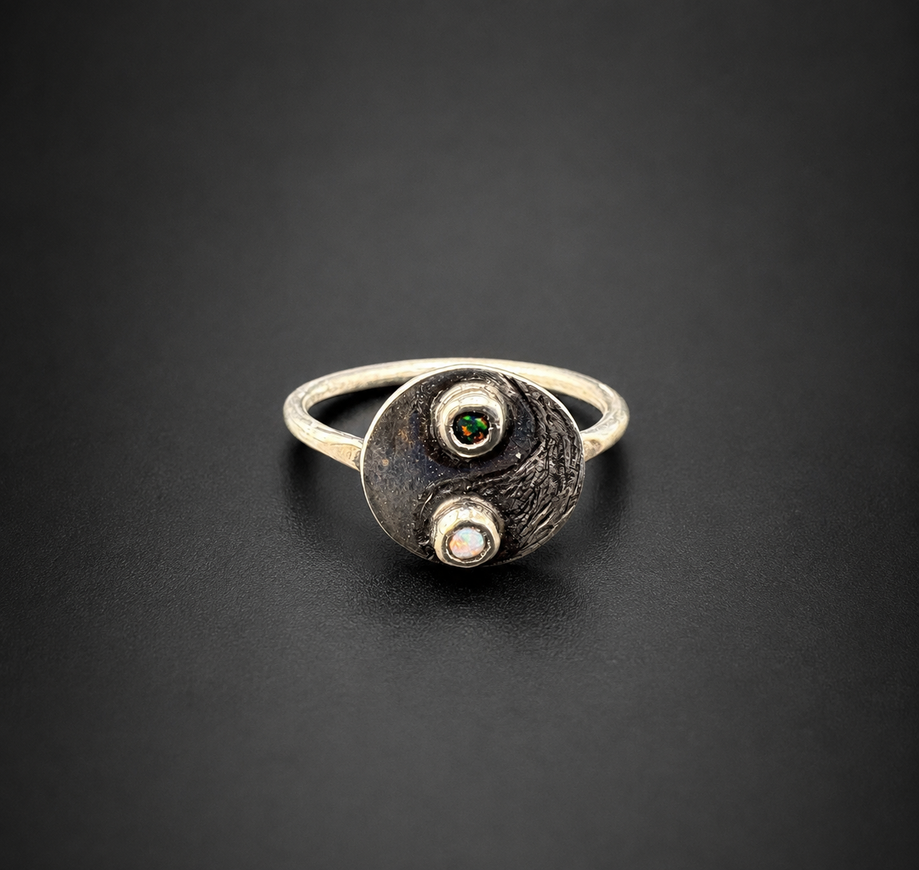 Yin and Yang Black Fire Opal Ring: S 8