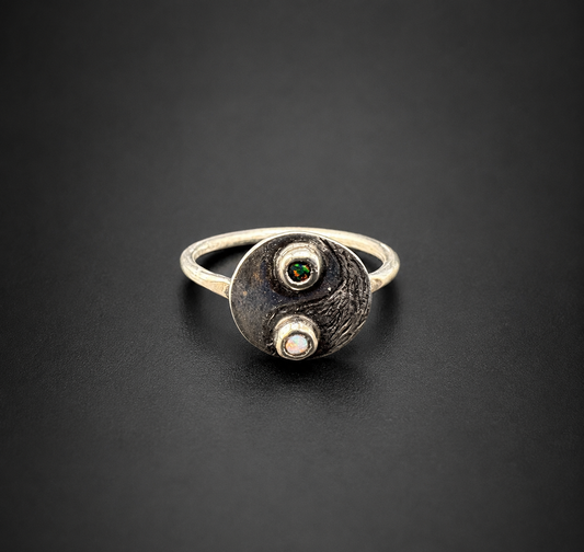 Yin and Yang Black Fire Opal Ring: S 8